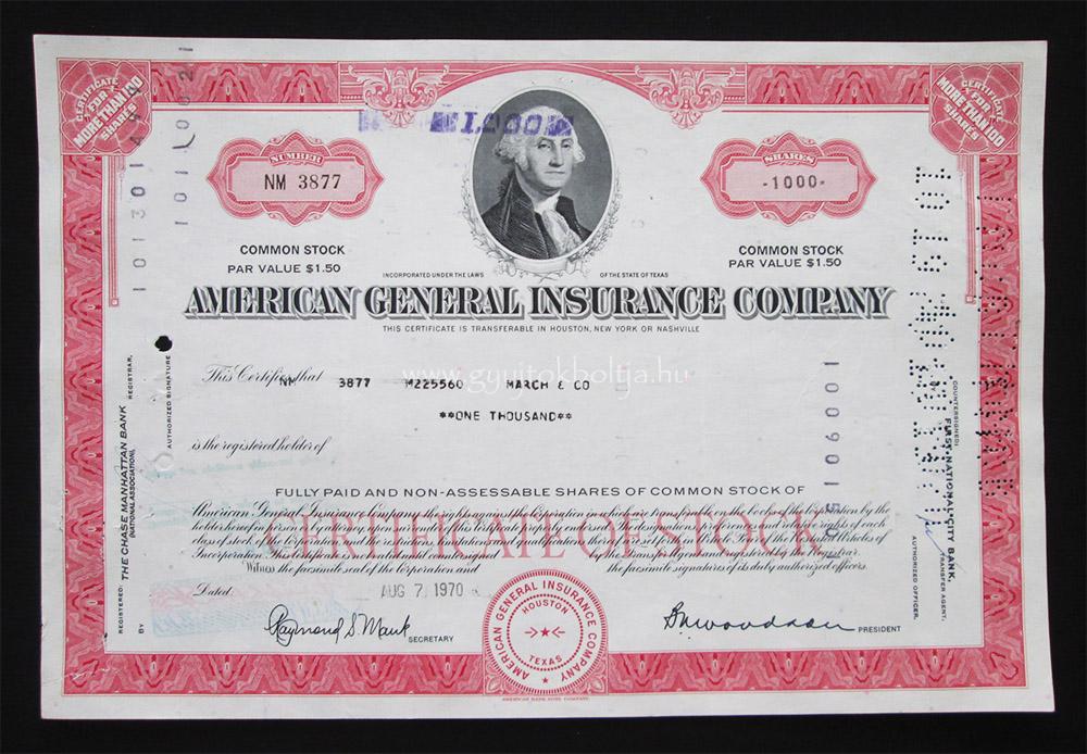 American General Insurance Company 1000 r�szv�ny 1970 / biztos�t�s